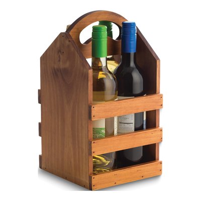 Wood Four Bottle Caddy with Curved Handle