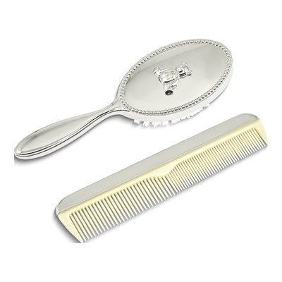 Silver-Tone Teddy Bear Baby Comb And Brush Set