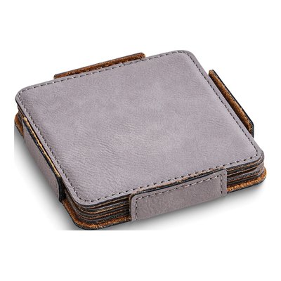 Grey Leatherette Coaster Set of 4 with Holder