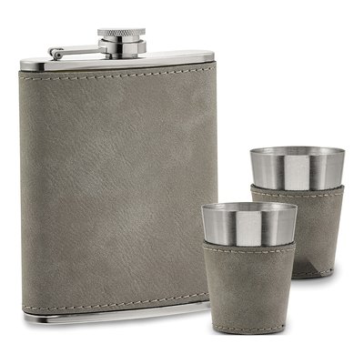 Grey Leatherette Flask & Shot Glasses Gift Set