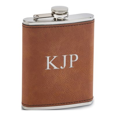Engravable Caramel Leatherette 8 oz Steel Flask