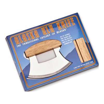 Stainless Steel Ulu Knife with Wooden Stand – view 2