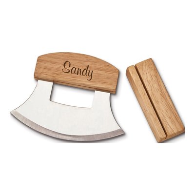 Stainless Steel Ulu Knife with Wooden Stand – view 4