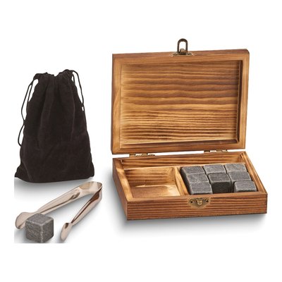 Wood Whiskey Stone Gift Set with Tongs & Pouch
