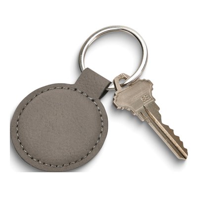 Grey Leatherette Round Engravable Key Chain