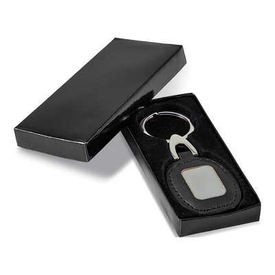 Silver-Tone Engraving Plate Key Ring - Black Leather – view 3