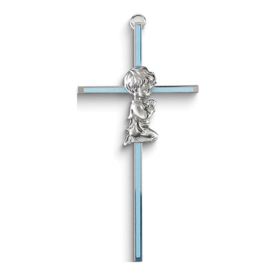 Silver-Tone Praying Boy Blue Enamel Wall Cross