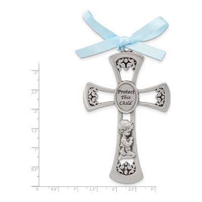 Pewter Protect This Child With Praying Boy And Blue Ribbon Crib Cross – view 4
