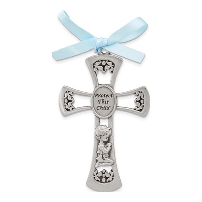 Pewter Protect This Child With Praying Boy And Blue Ribbon Crib Cross