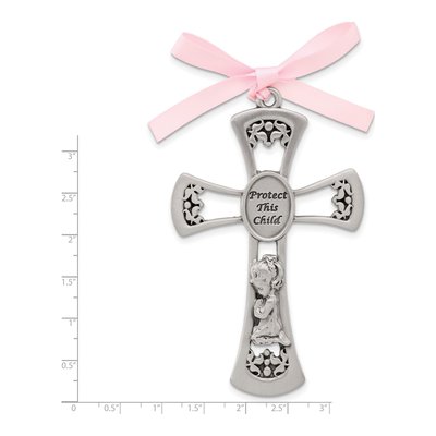 Pewter Protect This Child With Praying Girl And Pink Ribbon Crib Cross – view 4