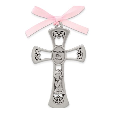 Pewter Protect This Child With Praying Girl And Pink Ribbon Crib Cross