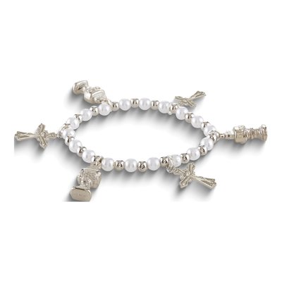 Girl's First Communion Charm Bracelet with Simulated Pearls