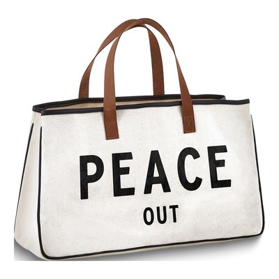 PEACE OUT Ivory Canvas Tote with Leather Handles