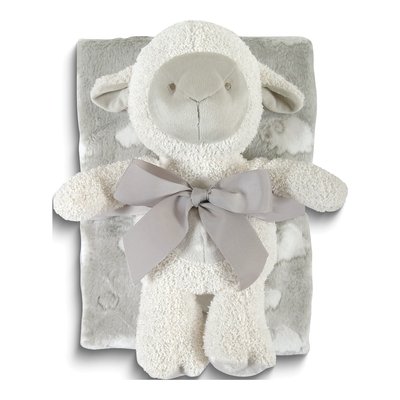 Grey Plush Lamb & Fleece Baby Blanket Gift Set