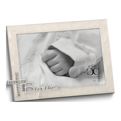 Silver-Tone Ivory Enamel Baptism Photo Frame