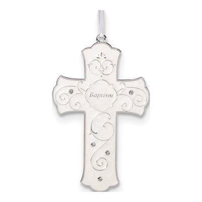 Silver-Tone Ivory Enamel Baptism Cross Pendant