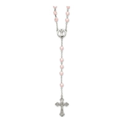 Pink Glass Heart Bead Boxed Rosary Necklace