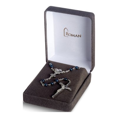 Boxed Blue Glass Bead Communion Rosary Necklace
