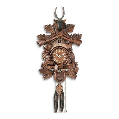 Wooden Cuckoo Clock, Carved Hunting Animals & Rifles