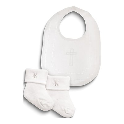 White Embroidered Cross Bib & Sock Set