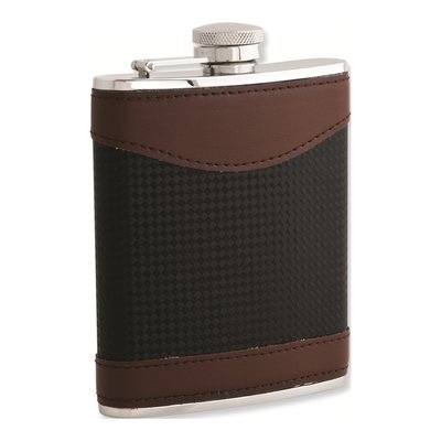 Brown Faux Leather & Carbon Fiber 6oz Flask Set