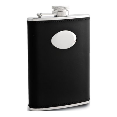 Black Leather 6 oz Stainless Steel Flask & Funnel