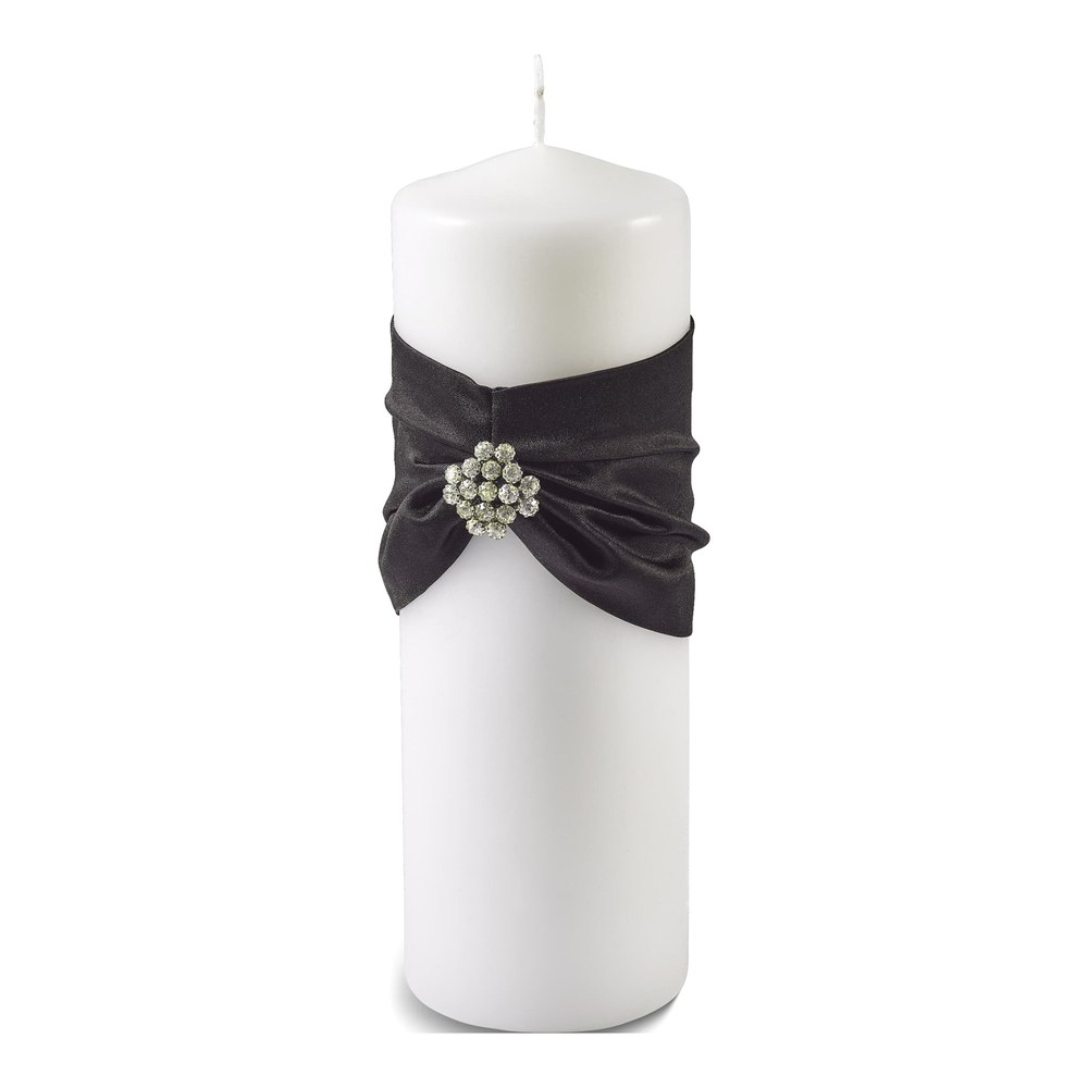 White Pillar Candle with Black Ribbon & Rhinestones