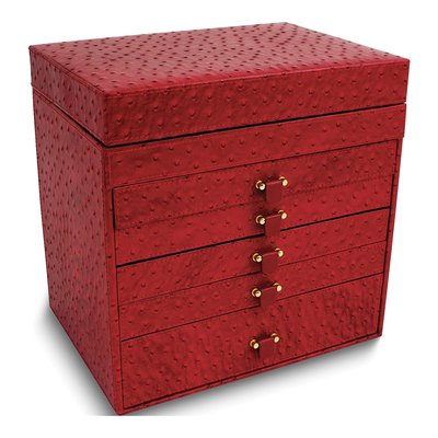 Red Ostrich-Texture Leather 5-Drawer Jewelry Chest