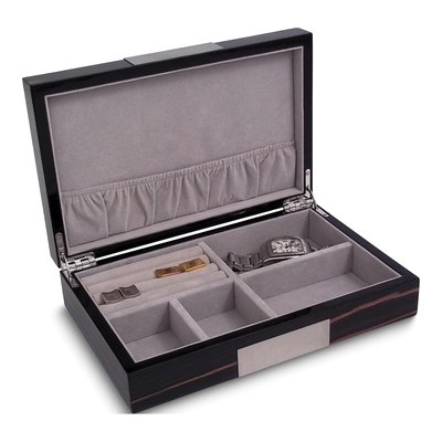 Ebony Burlwood Wooden Valet Jewelry Box, Engravable