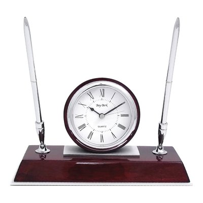 Rosewood Desk Clock with Pens & Engraving Plate