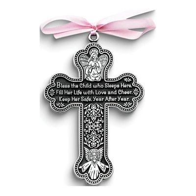 Pewter Crib Cross with Pink Ribbon - Baby Gift