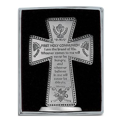 First Communion Pewter Standing Cross with John 6 Verse