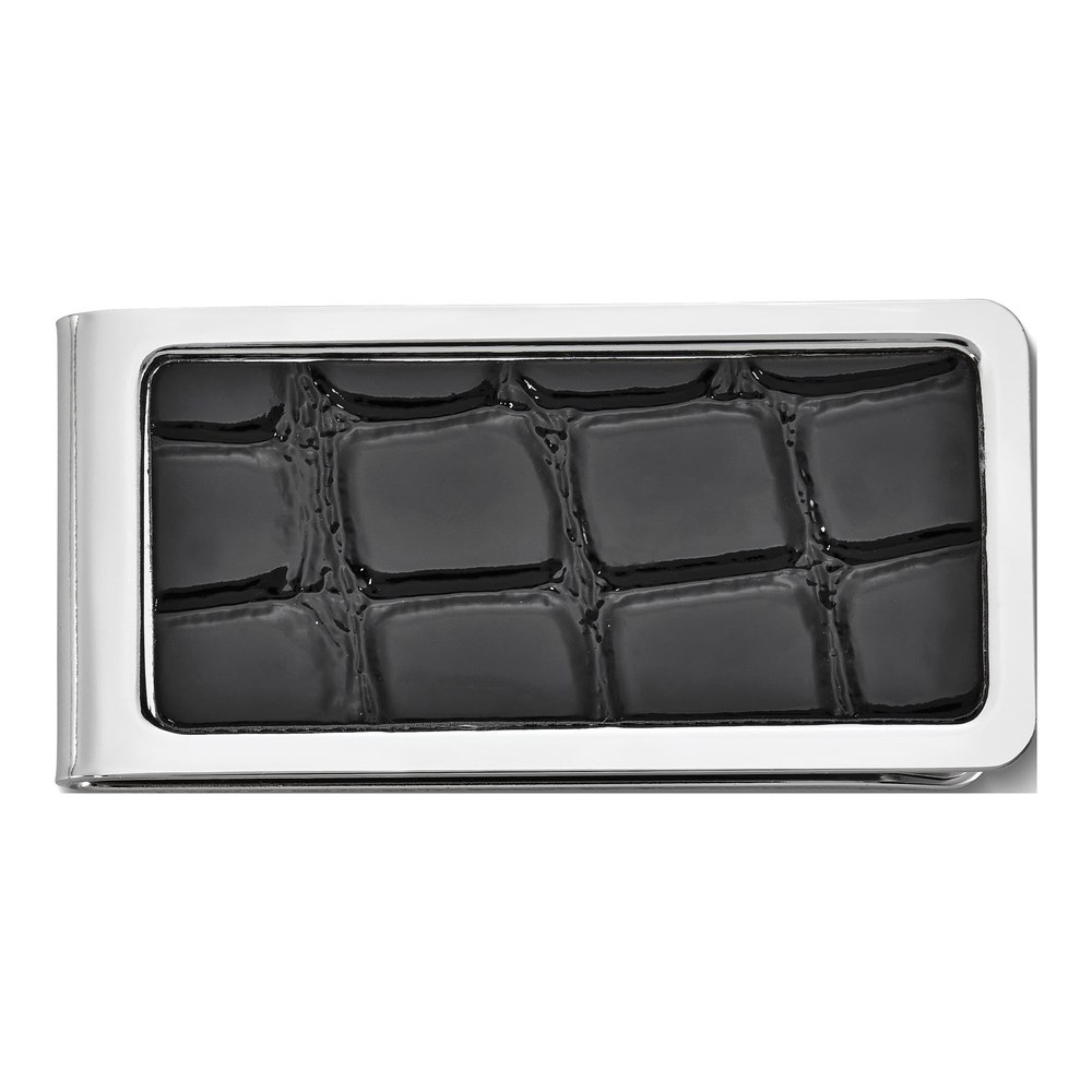 Men's Black Croco Leather Money Clip, Silver-tone
