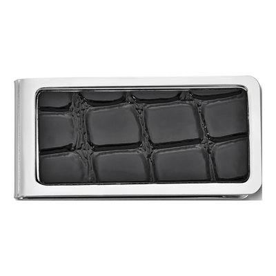 Men's Black Croco Leather Money Clip, Silver-tone