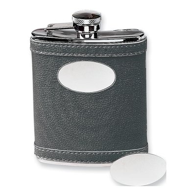 6 Ounce Stainless Steel Black Faux Leather Covered Flask With Oval Engraving Plate