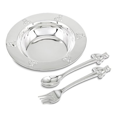 Silver-Plated Teddy Bear Bowl, Spoon & Fork Set