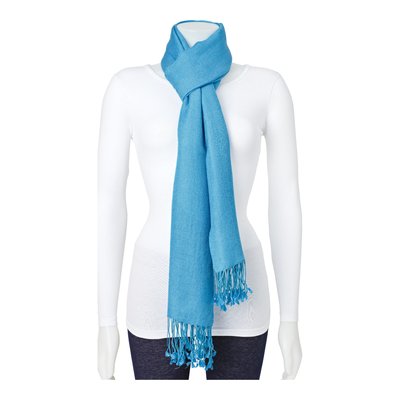 Blue Silk & Wool Blend Pashmina Scarf – view 3