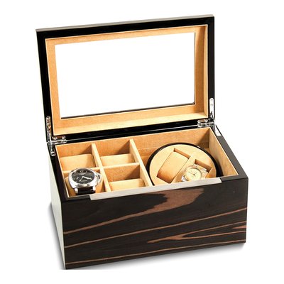 Ebony Wood 2-Watch Winder & 4-Watch Case, Glass Lid – view 2