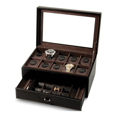Black Leather 10-Watch Case with Glass Lid