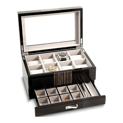 Wenge Wood Finish Glass Lid Watch & Cuff Link Case