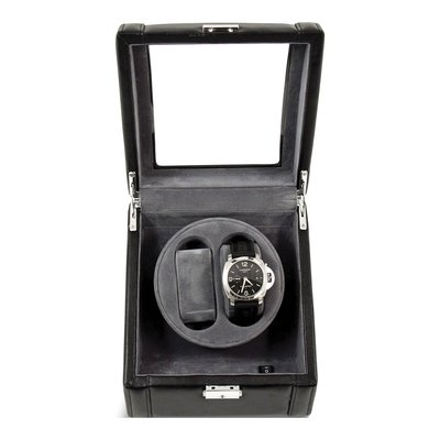 Black Leather Dual Watch Winder with Glass Lid & Lock – view 2