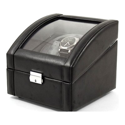 Black Leather Dual Watch Winder with Glass Lid & Lock