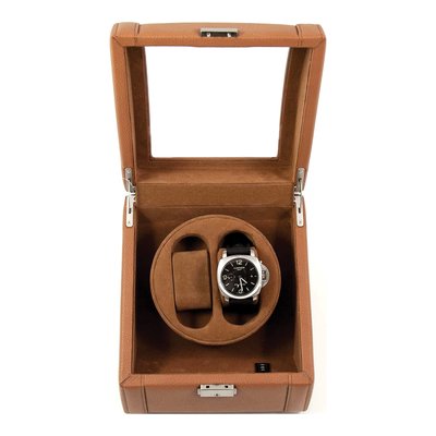 Tan Leather Dual Watch Winder w/ Glass Lid & Lock – view 2