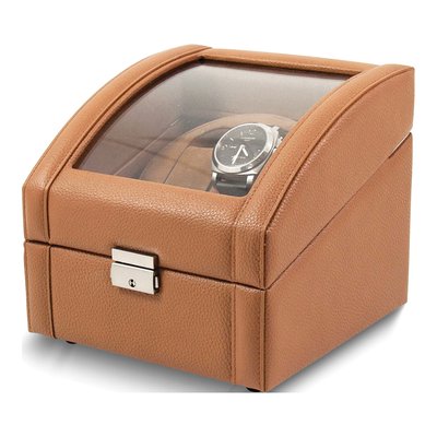 Tan Leather Dual Watch Winder w/ Glass Lid & Lock