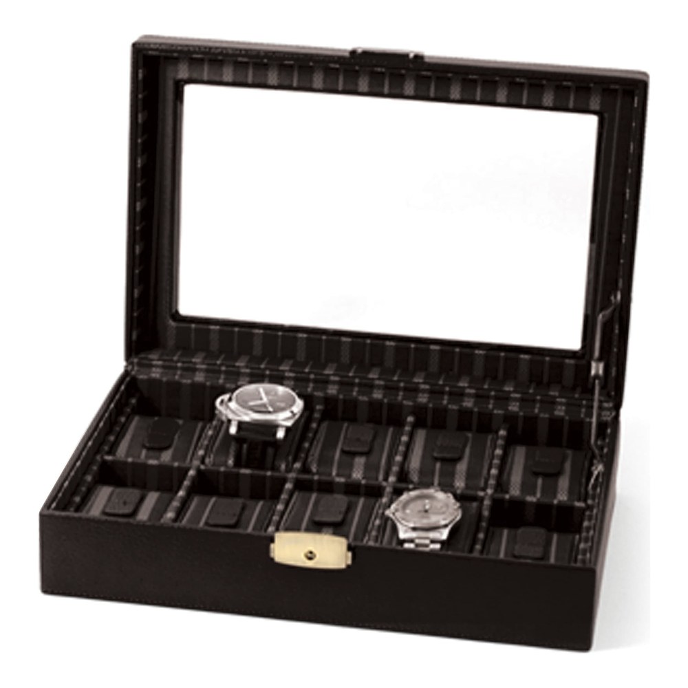 Black Leather 10-Watch Case with Glass Lid & Lock