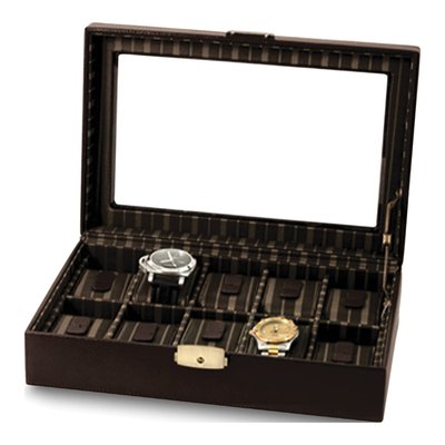 Brown Leather 10-Watch Case with Glass Lid & Lock