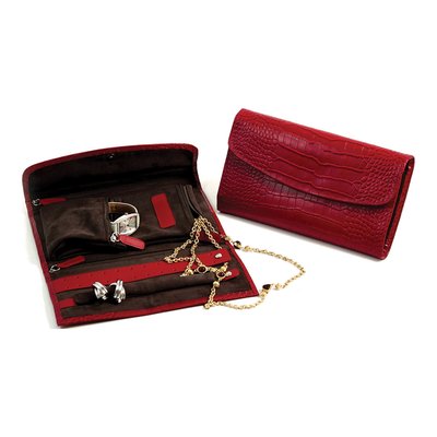 Red Croco-Textured Leather Jewelry Clutch