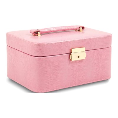 Pink Lizard-Textured Leather Jewelry Case with Mirror & Lock