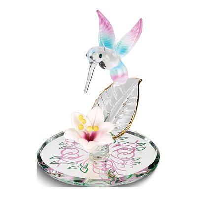 Cotton Candy Hummingbird With Flower Handcrafted Glass Figurine