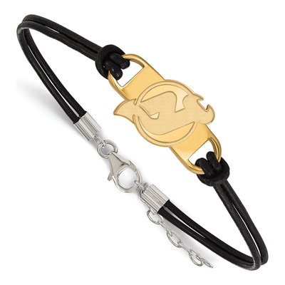 New Jersey Devils Gold-Plated Sterling Silver Black Leather Bracelet